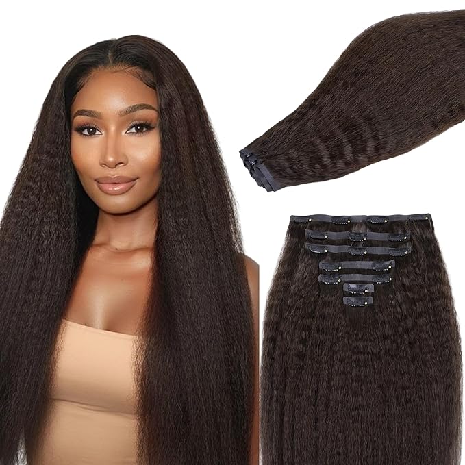 Lashey Seamless Clip in Hair Extensions Human Hair #2 Dark Brown Kinky Straight 7 Pcs 110g 14 Inch Soft Flat PU Weft Real Human Hair Clip in for Women