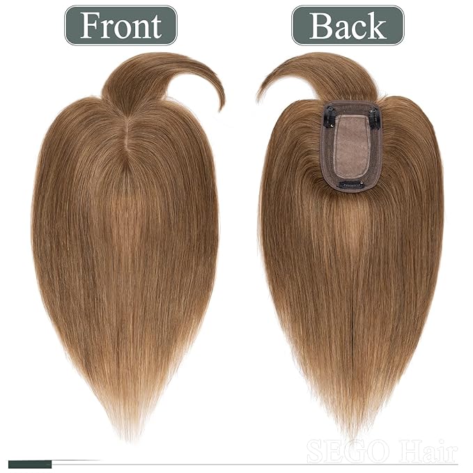 SEGO Hair Toppers for Women Real Human Hair with Thinning Hair, Toppers Hair Pieces Clip in Toppers Straight Hair Pieces with Front Bangs 150% Density Silk Base -10 Inch #6 Light Brown
