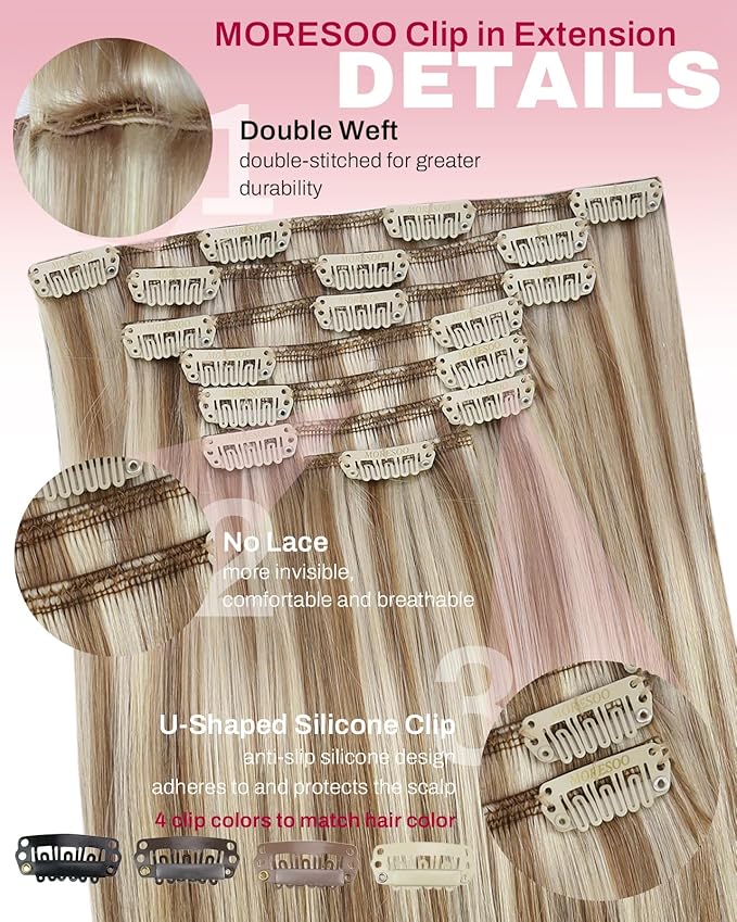 Moresoo Clip in Hair Extensions Brown Blonde Clip on Extensions Human Hair Medium Golden Brown with Platinum Blonde to Add Highlights for Women Long And Straight 120g/7pcs Double Weft 22in