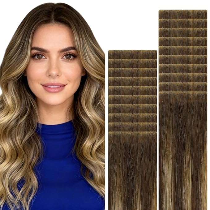VINBAO Invisi Edge Seamless Tape in Hair Extensions Human Hair 18in 50g 20pcs Chocolate Brown to Caramel Blonde Balayage Injected Tape-ins Extensions Natural Look 18inch #4/27/4