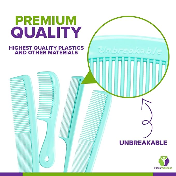 Mars Wellness 4 Piece Professional Comb Set Green - USA MADE - Fine Pro Tail, Dresser Hair Comb Styling Comb - Premium Grade for Men and Women - Parting Teasing and Styling