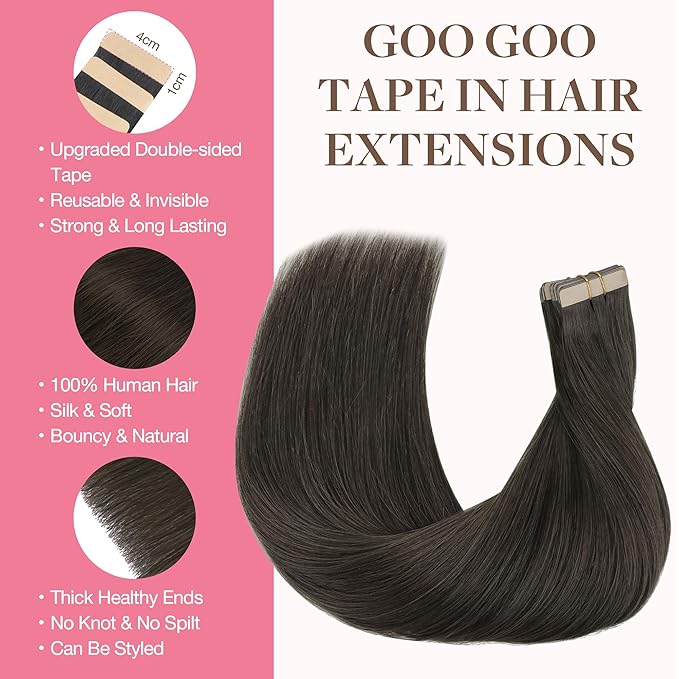 GOO GOO Tape in Hair Extensions Human Hair, 1C Mocha Brown, 18inch 25g 10pcs, Skin Weft Seamless Invisible, Silky Straight with Thick Ends, Remy Human Hair