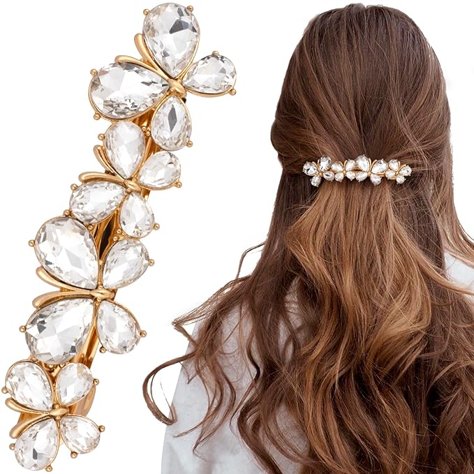 Joez Wonderful Rhinestone Hair Clips, Bridal Hair Accessories for Women, Sparkly Crystal Hair Pins, Fancy Hair Barrettes for Wedding, Bride, Long Hair (White Butterfly, 1 Pcs)
