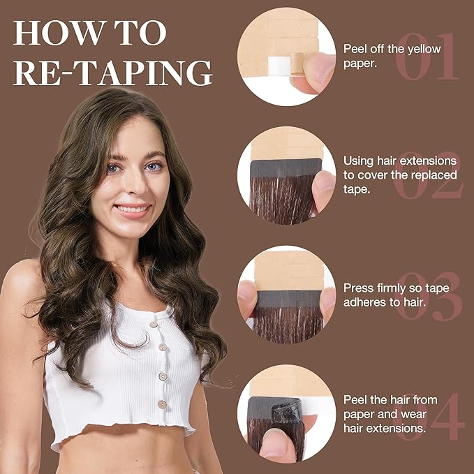 GOO GOO Tape in Hair Extensions Human Hair, 2/6 Dark Brown Highlighted Chestnut Brown, 22inch 100g 40pcs, Skin Weft Seamless Invisible, Silky Straight with Thick Ends, Remy Human Hair