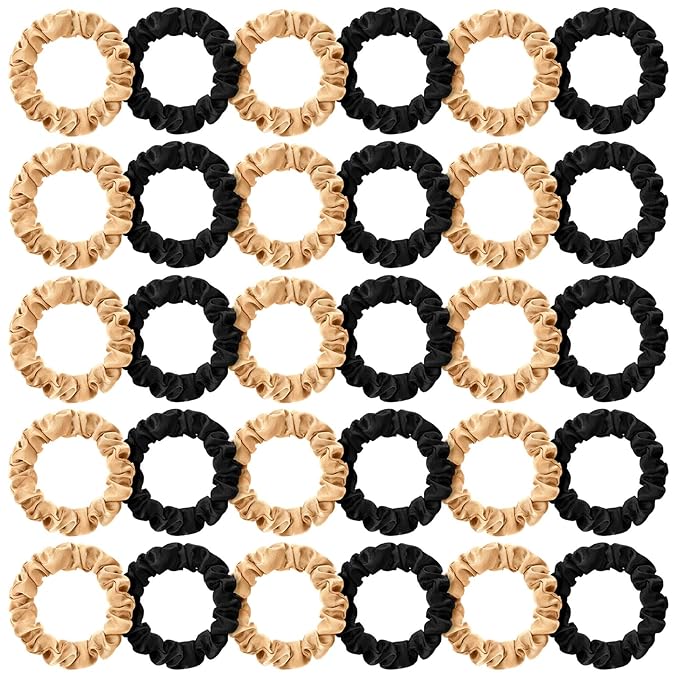 WILLBOND 30 Pcs Small Satin Silk Scrunchies Bulk for Women, Thin Hair Ties Mini Scrunchy Bands Skinny Ponytail Holders for Thick Curly Hair Pony Tails Wrist Decor(Black, Gold)