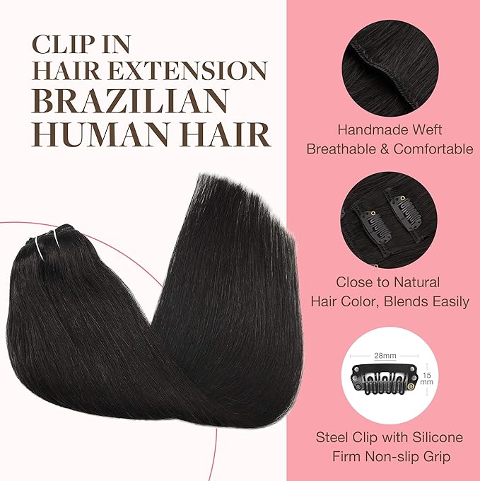 GOO GOO Clip in Hair Extensions Real Human Hair, Remy Human Hair Extensions Clip ins for Women, Natural Human Hair, 20inch 160g 7Pcs, #1B Natural Black