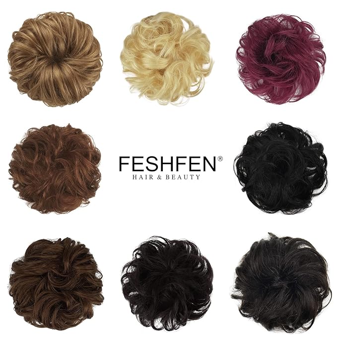 FESHFEN Human Messy Buns - 100% Human Hair Bun Real Scrunchies Hair Pieces Ponytail Extensions Wavy Tousled Updo Chignon Hairpieces for Women, Wine Red