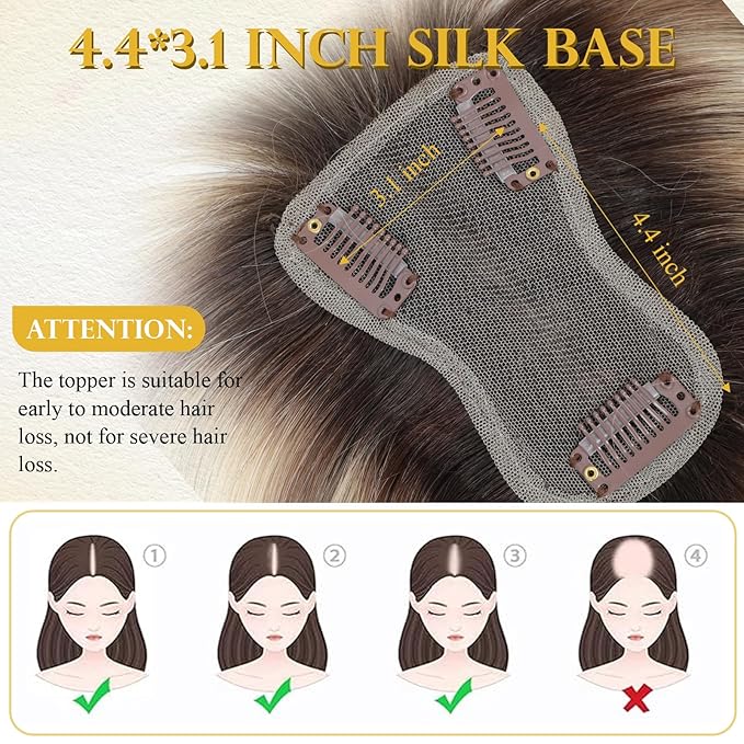 100% Real Human Hair Topper for Women Human Hair Pieces for Women 10 inch Ombre Light Brown with Blond Highlight Hair Hoppers with Bangs Swiss Base Clip in Bangs for Thinning Hair2T613