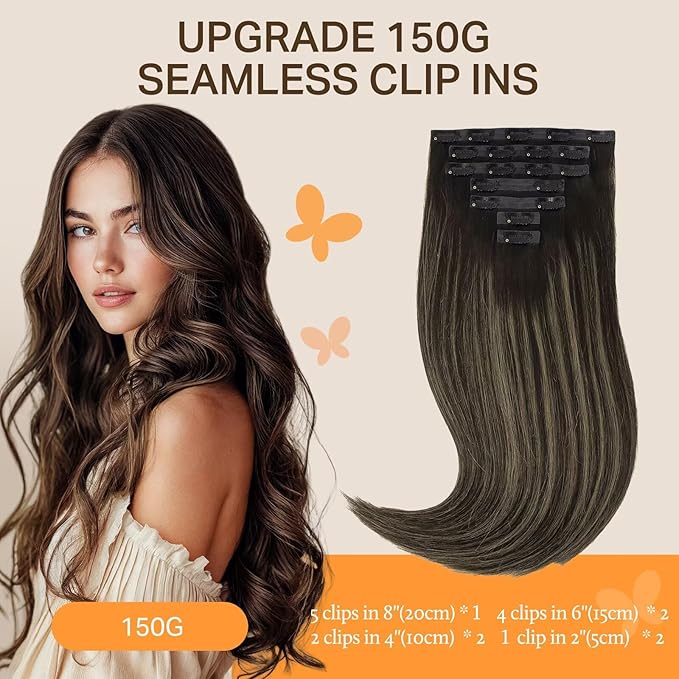 DOORES Human Hair Clip in Extensions - Natural Black to Light Blonde, 7pcs, 16 Inch, 130g - Seamless Remy Hair Straight Invisi Edge Thin Weft