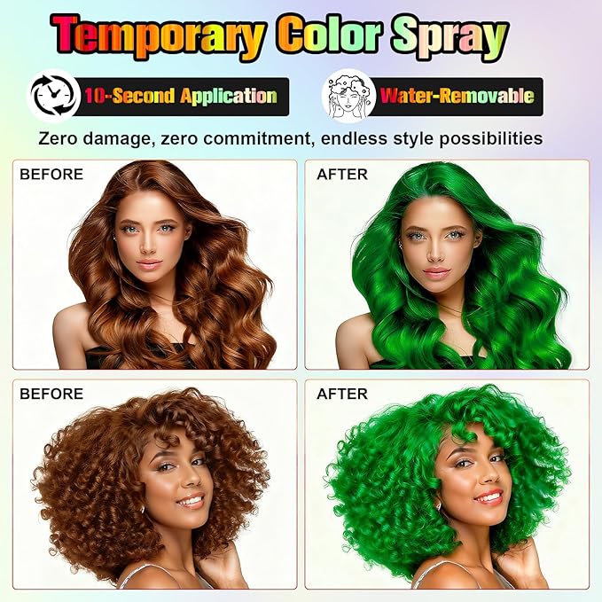 Temporary Hair Spray Color for Kids Women - One-Time Use Green Hair Spray, Vegan and Cruelty-Free Semi-Permanent Hair Color Dye, (Green,4.02Oz)