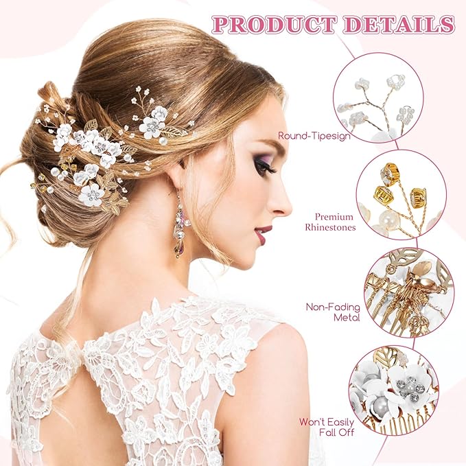 Wedding Flower Hair Accessories for Women: 4pcs Leaf and Flower Hair Combs for Women Accessories - Crystal Pearl Wedding Flower Clips Headpiece for Brides Bridesmaids Girls Updo (White)