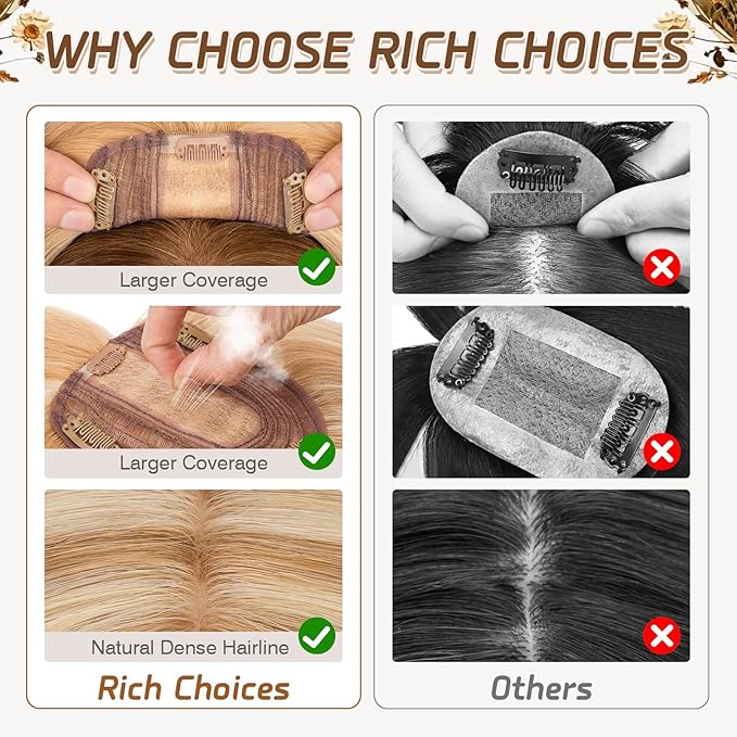 Rich Choices Real Human Hair Toppers for Women With Bang 100% Remy Human Hair Topper for Thinning Hair Clip in Silk Base Hair Topper 16 Inch #12P613 Golden Brown Mix Bleach Blonde