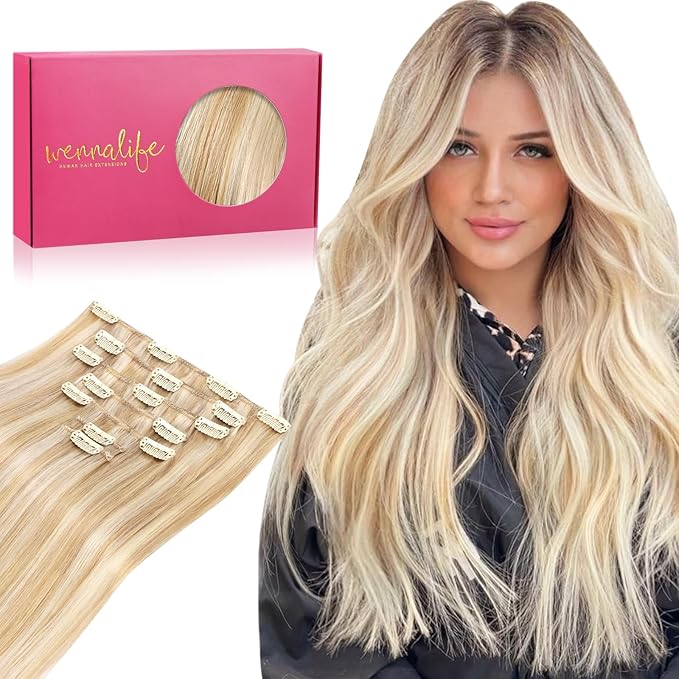 WENNALIFE Clip in Hair Extensions Human Hair 22 Inch 120g 7pcs Dirty Blonde Highlighted Bleach Blonde Hair Extensions Clip in for Women Real Human Hair Rallonge Cheveux Extensions