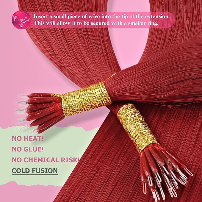 YoungSee Nano Ring Hair Extensions Red Nano Bead Hair Extensions Human Hair Colored Nanobead Human Hair Extensions Red Nano Extension Remy Hair Nano Loop Hair-Extension Cold Fusion 14in 25g 25s