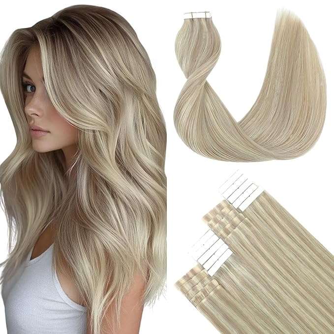 SURNEL Human Hair Tape in Extensions Double Drawn Ash Blonde Highlight Bleach Blonde Tape in Hair Extension 20 inch 20pcs 50g(#18P613-20)