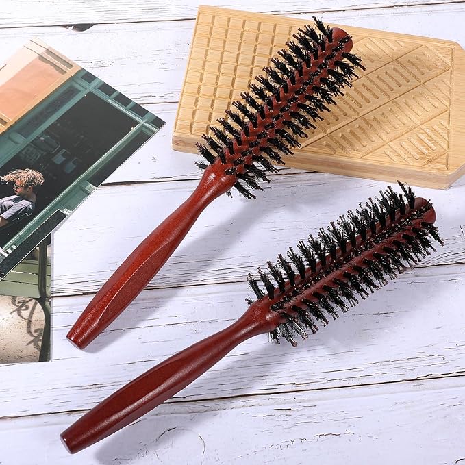 2 Pack Small Round Hair Brush Boar Bristle Roller Hairbrush Wooden Handle Volumizing Hair Brush for Blow Drying Short Thin Fine Hairs Styling Women Curling Bangs Men Beard Travel Household