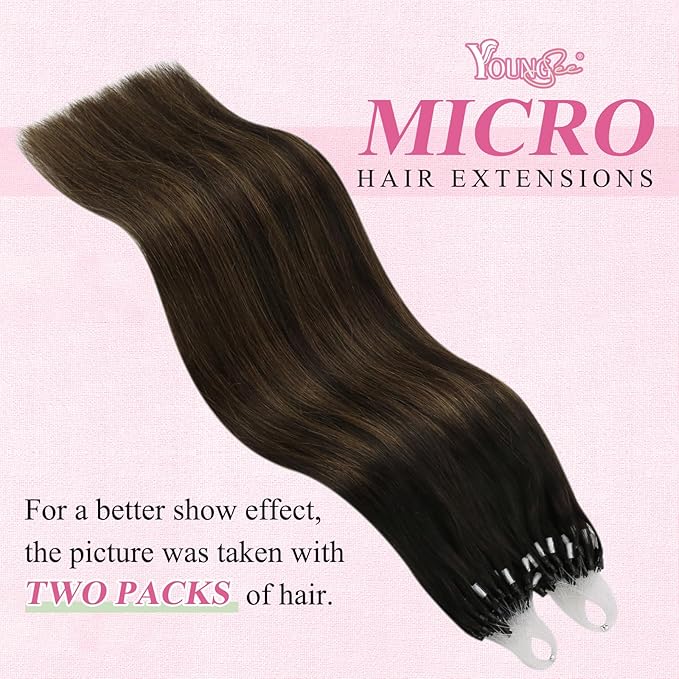 YoungSee Micro Bead Hair Extensions Real Human Hair Brown Beaded Hair Extensions Brown Balayage Dark Browns Micro Link Human Hair Extension Ombre 20In Cold Fusion Hair Extension for Daily 50s 50g