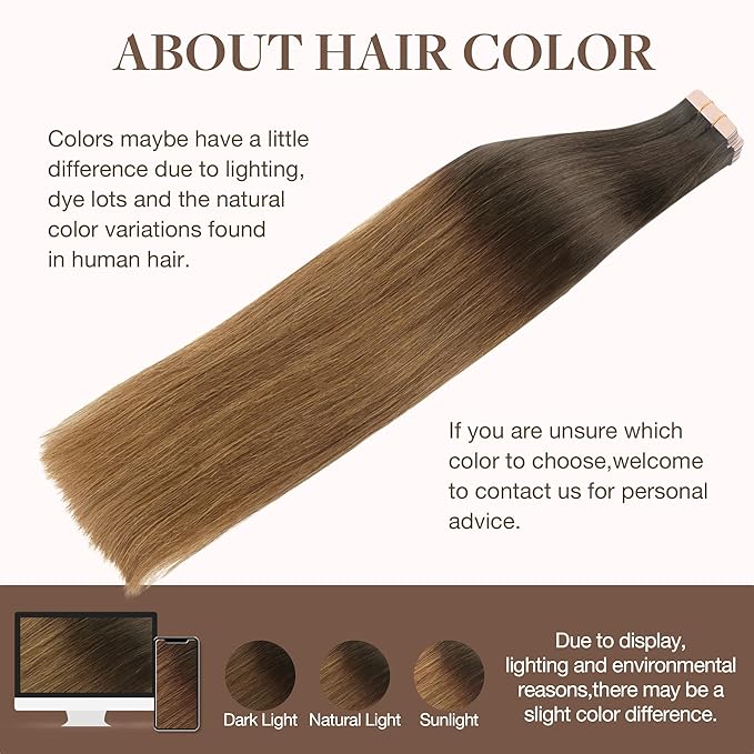 GOO GOO Tape in Hair Extensions Human Hair, 1D/2C/4E Chocolate Dip Color Melt, 10inch 60g 40pcs, Skin Weft Seamless Invisible, Silky Straight with Thick Ends, Remy Human Hair