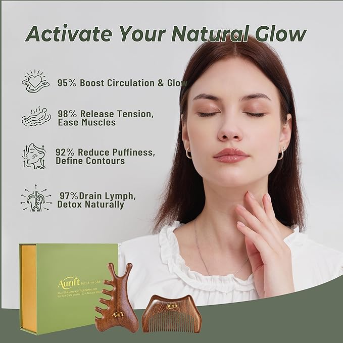 4-in-1 Gua Sha Tool with Mini Travel Small Massage Comb Set, Christmas Gifts for Women, Wooden Face & Body Massager Tool – Lymphatic Drainage, Jawline Sculpting, Head Scalp Massager Hair Growth