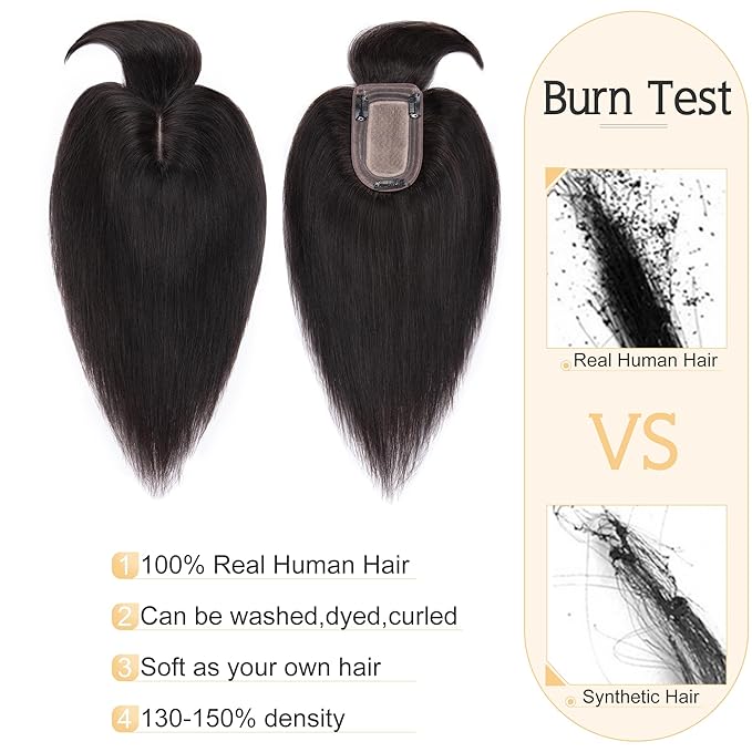 SEGO Hair Toppers for Women Real Human Hair With Bangs, 7 * 13CM Silk Base 100% Remy Human Hair Clip in Top Wiglet Hairpieces Add Volume -6 Inch Natural Black