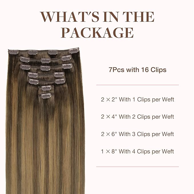 GOO GOO Clip in Hair Extensions Real Human Hair, Remy Human Hair Extensions Clip ins for Women, Natural Human Hair, 18inch 120g 7Pcs, 4D/14/5B Brunette Balayage