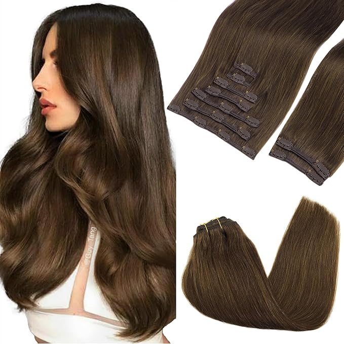 GOO GOO Clip in Hair Extensions Real Human Hair, Remy Human Hair Extensions Clip ins for Women, Natural Human Hair, 20inch 150g 9Pcs, 4A Chocolate Brown
