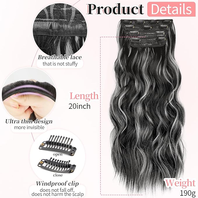 KooKaStyle Clip in Hair Extensions Long Wavy 4PCS Thick Hairpieces Synthetic Highlight Hair Extensions Black and White Mix Fiber Double Weft Natural 20Inch for Women