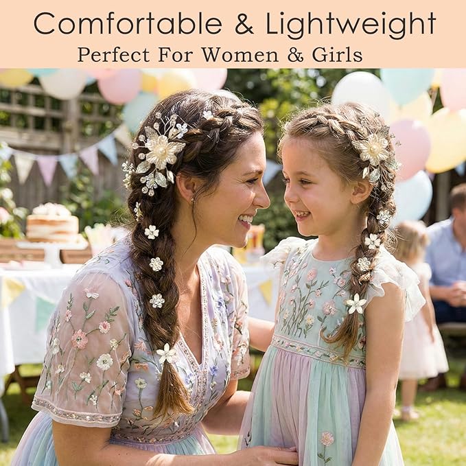 14 Pcs Flower Girl Hair Accessory Bridal Hair Clips Handmade Silver Leaf Floral Pearls Crystal Design with Mini Flower Hair Accessories for Girls & Women (white)