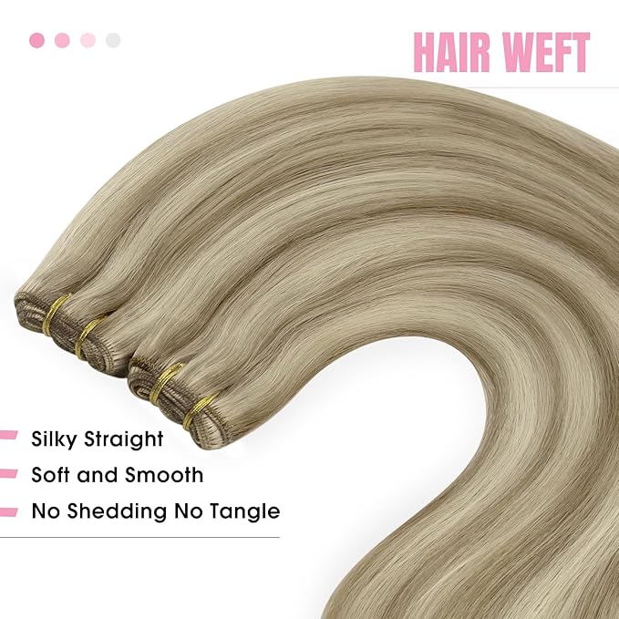 YoungSee Human Hair Sew in Extensions Highlight Straight Hair Extensions Weft Light Brown with Blonde Highlight Sew in Hair Extensions Real Human Hair for Women 18In 100G