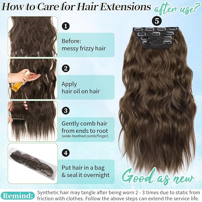 KooKaStyle Clip in Hair Extensions 4PCS Long Wavy Medium Brown Thick Hairpieces for Women Weft Natural Synthetic 20 Inch Daily Use