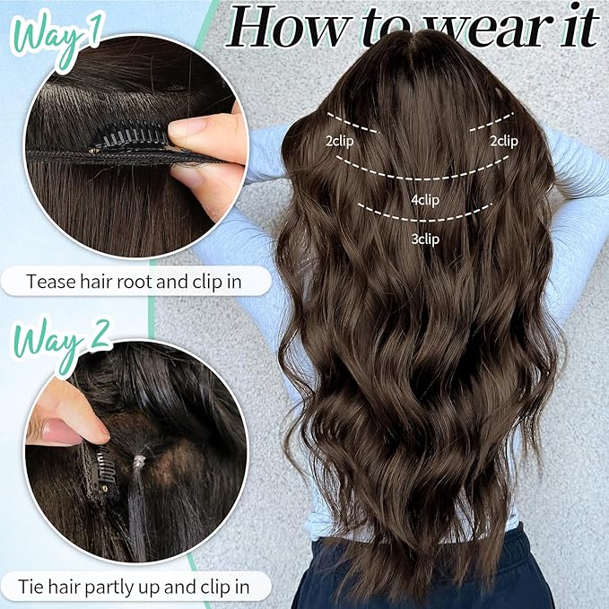 KooKaStyle Hair Extensions Long Wavy 4PCS Thick clip in hair extensions Hairpieces Chocolate Brown Fiber Double Weft Natural Synthetic Hair Extensions 20 Inch for Women