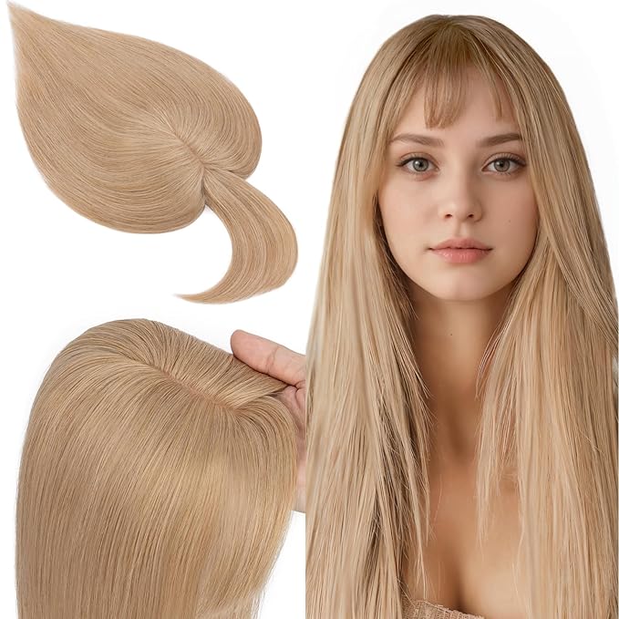SEGO 100% Real Human Hair Toppers, with Air Bangs, Silk Base 150% Density, Clip in Topper, 2.7肺5.1・ HairPieces for Women, with Thinning/Hair Loss Cover Gray