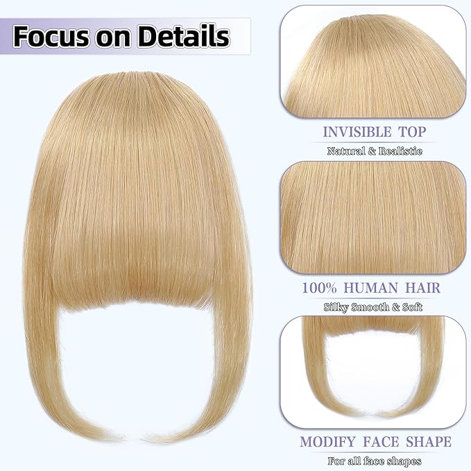 Wispy Bangs Hair Clip, 100% Human Hair Clip In Blonde Bangs for Women, Soft Layered Fake Bangs with Feathered Fringe, Easy Clip-On Design for Daily Wear & Halloween