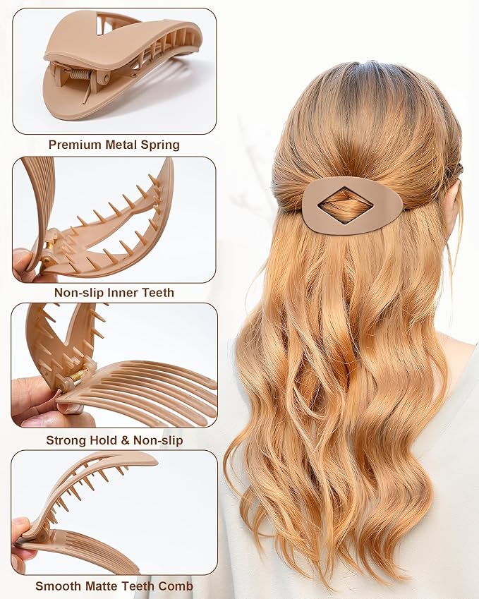 6 PCS Flat Hair Clips for Women - French Medium Flat Claw Clips for Thick Thin Hair, Strong Grip Non Slip Hair Claw Clips for Women Girls