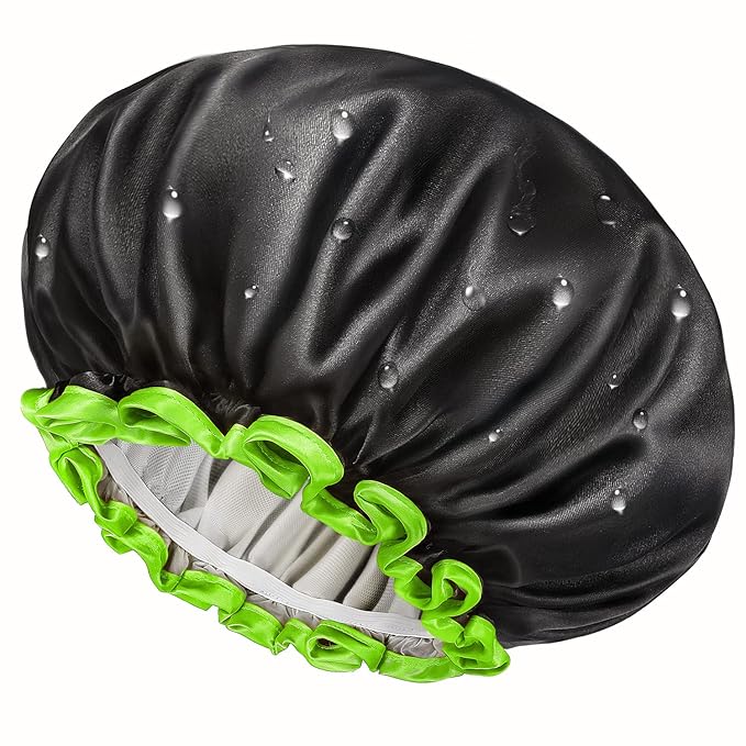 mikimini Black Small Shower Cap for Child 1 Pack, Double Layers Waterproof Bathing Hair Cap with Reusable Soft Comfortable PEVA Lining, Cute, non-fading & Stretchy Shower Hat