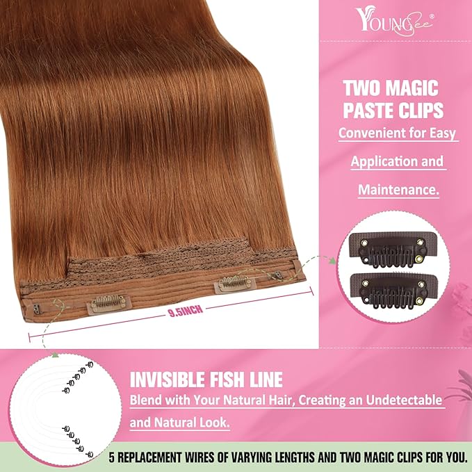 YoungSee Wire Hair Extensions Human Hair Copper Hair Extensions Invisible Wire for Women Short Straight Headband Hair Extension 70g 12inch