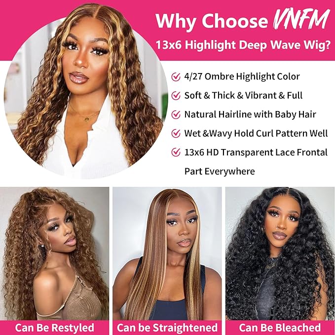 26 Inch Highlight Deep Wave Wig Human Hair Honey Blonde 13x6 HD Ombre Lace Front Wigs Human Hair Pre Plucked 200% Density Curly Lace Frontal Wigs For Women