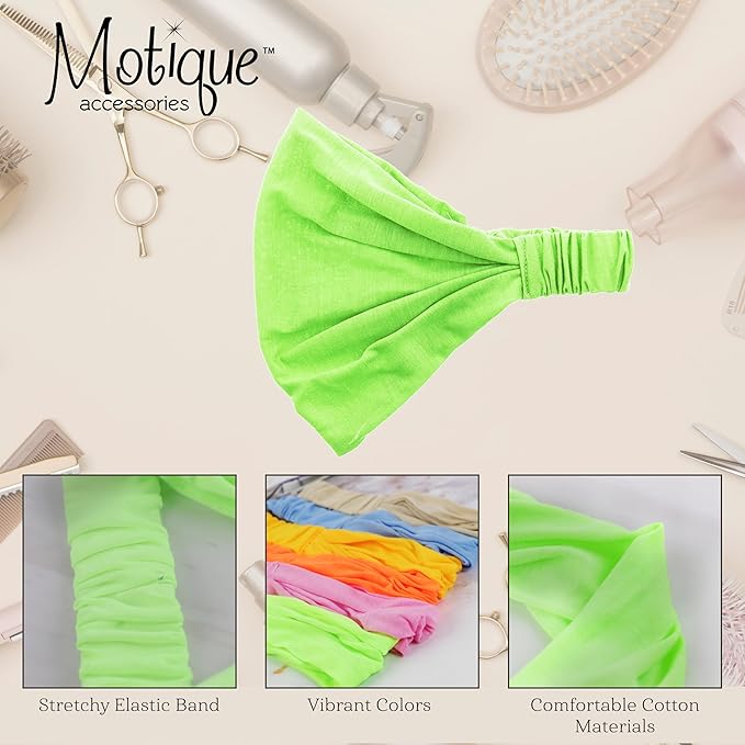 Motique Accessories Neon Green Wide Cotton Head Band Solid Boho Yoga Style Soft Hairband