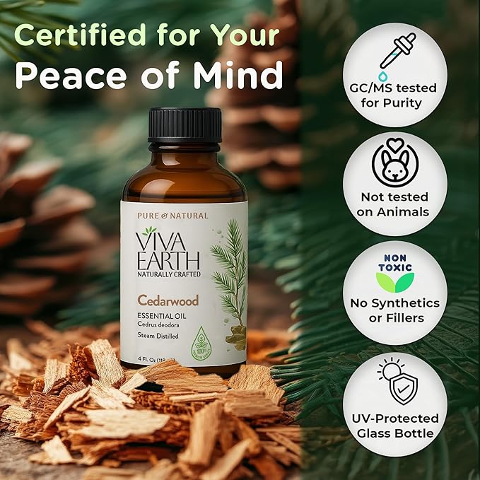 Cedarwood Essential Oil – Pure and Natural Warm Woody Cedar Aroma for Diffusers, Aromatherapy, Hair and Skin Care, Scalp Massage, Soap and Candle Making – with Glass Dropper, 4 oz