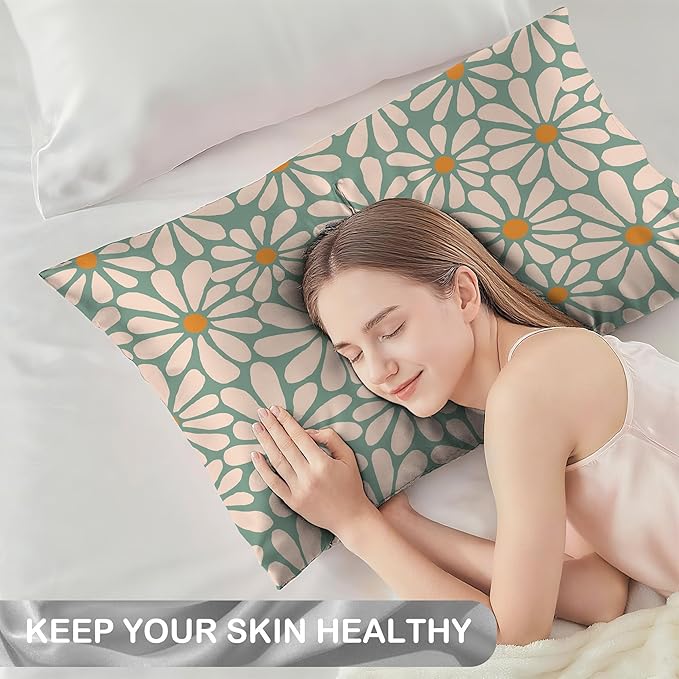 Satin Pillowcase 1 Pack-Boho Daisy Flowers Floral Groovy Retro Silky Pillow Cover for Hair and Skin,King Size 20x36 Inch Soft Cooling Printed Pillow Cases with Hidden Zipper,Gifts for Women Men