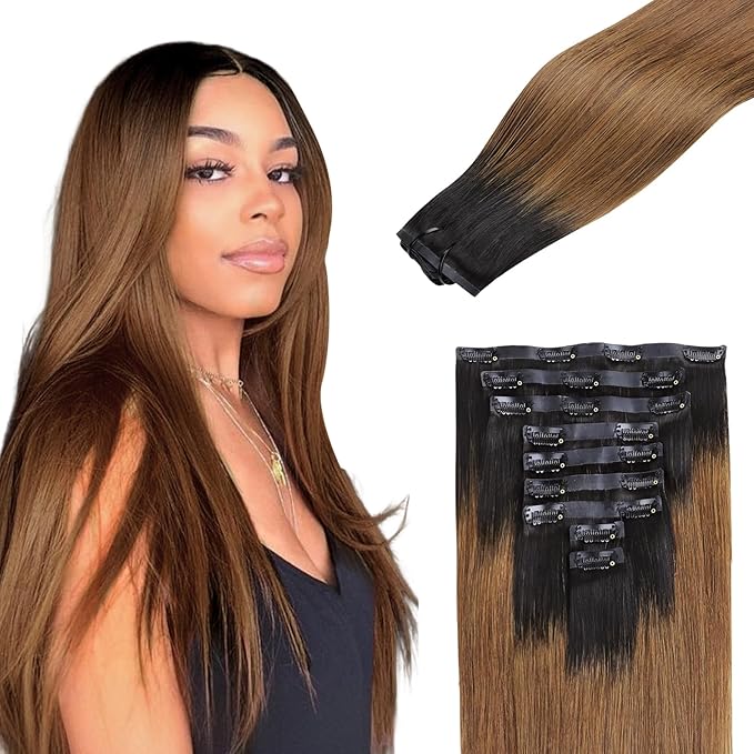 Lashey Seamless Clip in Hair Extensions Human Hair 150g 9pcs 20 Inch Ombre Natural Black to Medium Auburn Straight Clip in Hair Extensions for Women Real Hair