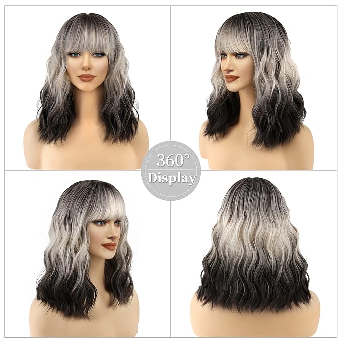 FAELBATY Short Brown Ombre Grey Wig Short Wave Bob Wigs for Women With Bangs Shoulder Length Synthetic Cosplay Party Wig for Girls Costume Wigs (12" 60R)