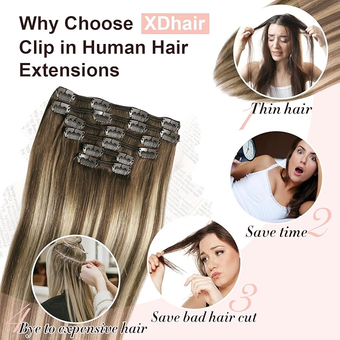 XDhair Clip in Hair Extensions 120g 22 Inch Chocolate Brown to Caramel Blonde Real Human Hair Extensions Balayage Clip in Hair Extensions Double Weft 6pcs (22inch, #4/27/4)