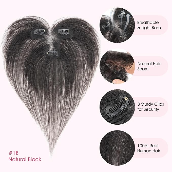Hairro Human Hair Toppers with Side Bangs, 3D 360° Seamless Real Hair Toppers, Hand-Tied with 3.5"x4.7" T-shaped Base, Clip-In Hairpieces to Add Volume on Top, 11 Inch Natural Black