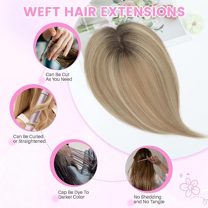 YAMI Hair Toppers for Women Fluffy Human Hair Topper 10inch Handmade Swiss Base Hairpieces 360° Cover Hairloss (Honey Blonde with Dark Brown Root)
