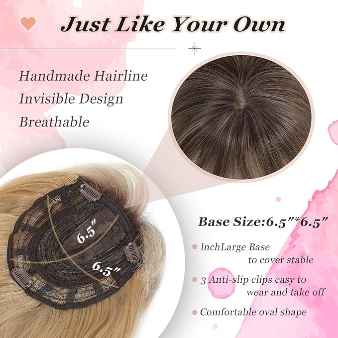 Hair Topper, 360° 3D Hair Toppers for Women with Thinning Crown, 20 Inch Long Wavy Curly Hair Pieces Clip in Bangs (Highlights Champagne Blonde with Brown Root, 20 inch, French Bangs)