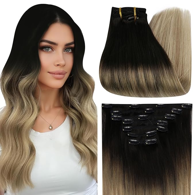 Full Shine Balayage Clip in Hair Extensions Real Human Hair Ombre Black Fading to Brown And Blonde Real Hair Clip in Extensions Double Weft 120 Grams 14 Inch