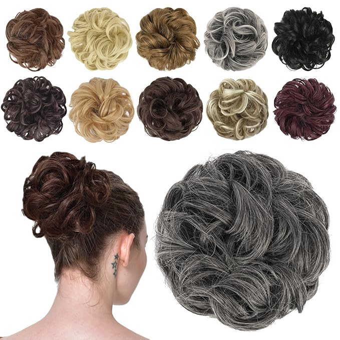 FESHFEN Messy Bun Hair Piece - Elastic Wavy Curly Hair Bun Scrunchies Extensions Synthetic Chignon Hairpieces for Women Girls, Dark Salt and Pepper 1.5 oz