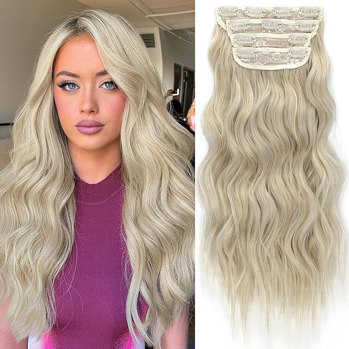 KooKaStyle Clip in Synthetic Hair Extensions Long Wavy 4PCS Thick Hairpieces Bleach Blonde mix Light Blonde Fiber Double Weft Natural Hair Extensions 20 Inch for Women