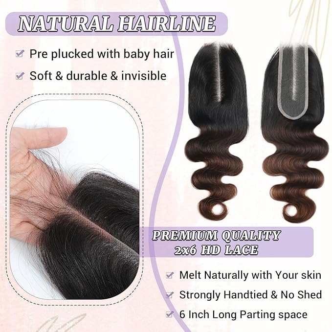 2x6 HD Lace Closure T1B/2/30 Chestnut Brown Ombre Body Wave 2x6 Transparent Lace Closure 3 Tone Ombre Medium Auburn Colored 100% Virgin Human Hair 150% Density 14 Inch
